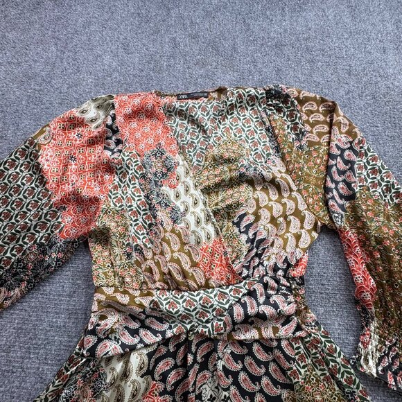 Zara Dress Womens XS Paisley Mini V-neck Long Balloon sleeves elastic cuffs - Picture 10 of 16